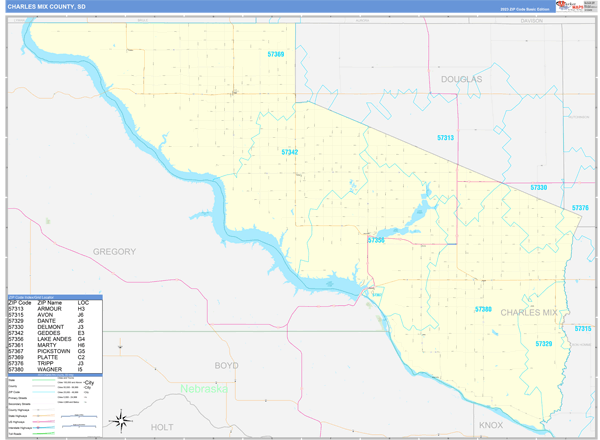 Charles Mix County, SD Wall Map Basic Style